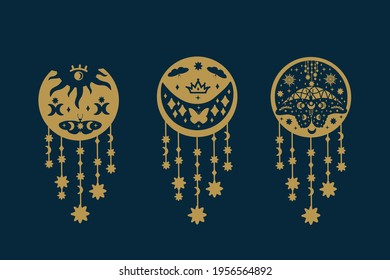 Set of gold butterflies on black. Collection of illustrations with fluttering insects doodle wings. Starry background of magic moth wings. Vector illustration