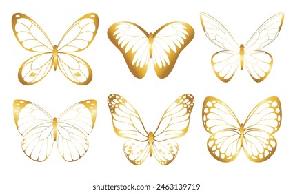 Set of gold butterflies on a white background. Objects for festive decor.