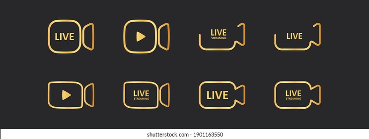 Set of gold buttons Live, Play, live broadcast isolated on dark background. Vector illustration