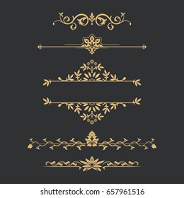 Set of gold calligraphical, flower elements of design. Execution of the page. Allocation of the text in vintage style. Typographical dividers, jewelry for books.