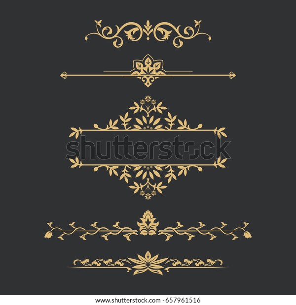 Set of gold calligraphical,\
flower elements of design. Execution of the page. Allocation of the\
text in vintage style. Typographical dividers, jewelry for\
books.