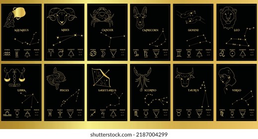 Juego de tarjetas de oro con signos de zodiaco en un fondo negro. Carteles con signos astrológicos y constelaciones zodiacales