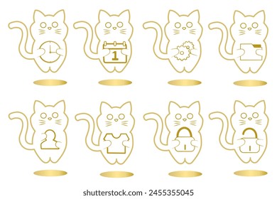 set of gold cat, mobile or website vector icon set; clock, calender, setting, file manager, user, theme, lock, unlock, isolated on white background