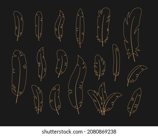 Set gold celestial feather in linear style. Spiritual elegant symbol for branding name logo. Esoteric magic Vector illustration