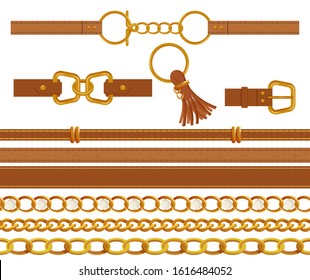 Set of gold chains and brown leather belts. Belts with buckles and rings, beautiful accessories.