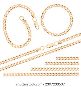 Set of gold chains. Round chain frame. Brush sets and chain clasp. Vector illustration.