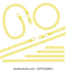 Conjunto de cadenas de oro. Marco de cadena redonda. Colas de pincel y correa de cadena. Ilustración vectorial.
