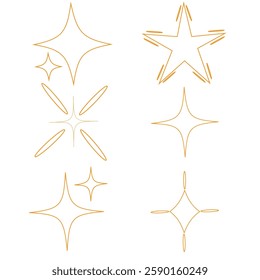 set of gold chalk crayon doodle stars.  set includes shiny and sparkly , as well as yellow wax pencil elements in a childlike style. illustration has a grunge texture and star shapes. PNG