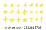 Set of gold chalk drawing stars. Shine or sparkle doodle collection. Children style yellow wax pencil handdrawing elements of night sky. Crayon scratch grunge texture star shapes. Vector illustration.