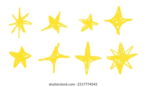 Conjunto de estrellas de dibujo de tiza de oro. Brilla o destella la colección doodle. Niños estilo lápiz de cera amarilla dibujo a mano Elementos de cielo nocturno. Crayon rasca Formas de estrella de textura grunge. Ilustración vectorial.