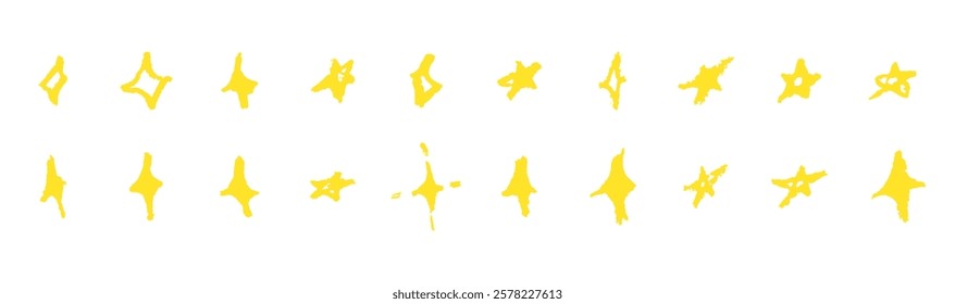Set of gold chalk drawing stars. Shine or sparkle doodle collection. Children style yellow wax pencil handdrawing elements of night sky. Crayon scratch grunge texture star shapes. Vector illustration.