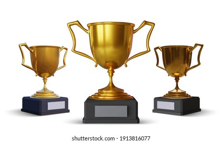 Set of gold champion cup with reflection and shadow isolated on white background. Sport tournament award. Vector illustration