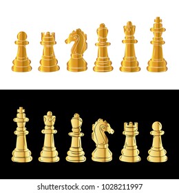 Set of gold chess figures. Vector illustration. Golden chess pieces on white and black background