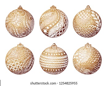 Set of gold christmas ball, hand-drawn. design for background holiday greeting cards and invitations of the Merry Christmas, Happy New Year and seasonal holidays, banners, logo and seasonal holidays