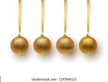 Set of gold Christmas ball, with an ornament and spangles. Isolated on white background. Vector illustration.