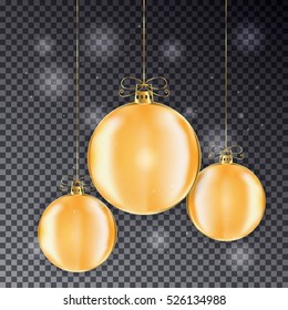 Set of Gold Christmas balls with line bow. Holiday toy for fir tree. Vector illustration.