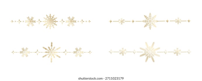 Set of gold Christmas borders  featuring snowflakes and stars. Stylish straight ornaments for festive cards, winter packaging, elegant invitations and holiday branding. Vector.