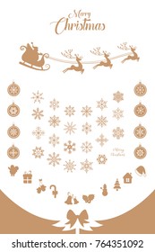 Set of gold Christmas elements including snowflakes, baubles, sa
