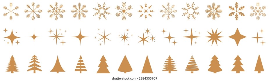 Set of gold Christmas elements. Xmas trees, snowflakes and stars. Can use for background, posters, banners, flyers and etc
