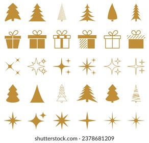 Set of gold Christmas icons. Christmas tree, gift box, sparkle star geometric minimalist elements. Vector illustration isolated on white background
