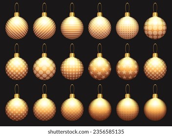 Set Gold Christmas Tree Toy Isolated on the white background. Stocking Christmas decorations. Vector object for christmas design card, banner. Realistic 3d object Illustration. 10 EPS.