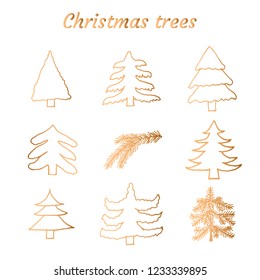 Set of gold Christmas trees. Creative Hand Drawn textures for winter holidays. Vector illustration.