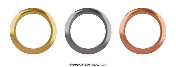 Set of gold, cilver and copper metal grommet rings for paper, card, tag, sticker or hanger. Banner steel or chrome circle isolated realistic eyelet on white background. Vector illustration