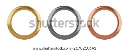 Set of gold, cilver and copper metal grommet rings for paper, card, tag, sticker or hanger. Banner steel or chrome circle isolated realistic eyelet on white background. Vector illustration