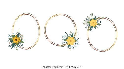 Conjunto de marco de círculo dorado con arreglo. Perfecto para tarjetas de invitación a bodas, plantillas de lujo. Ilustración vectorial.