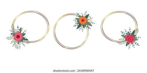 Conjunto de marco de círculo dorado con arreglo. Perfecto para tarjetas de invitación a bodas, plantillas de lujo. Ilustración vectorial.