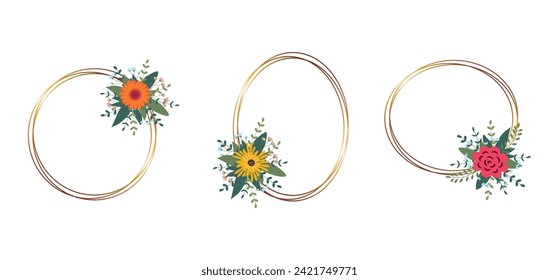 Conjunto de marco de círculo dorado con arreglo. Perfecto para tarjetas de invitación a bodas, plantillas de lujo. Ilustración vectorial.