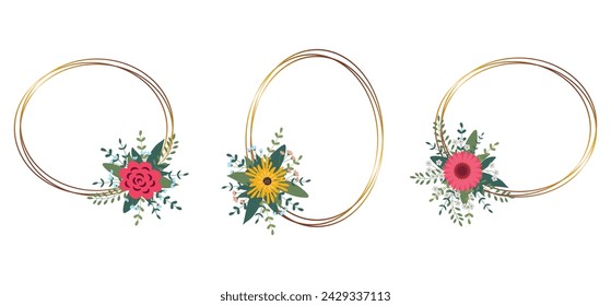 Set of gold circle frame with arrangement. Perfect for wedding invitation cards, luxury templates. Vector illustration.