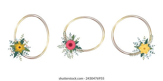 Set of gold circle frame with arrangement. Perfect for wedding invitation cards, luxury templates. Vector illustration.