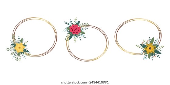 Set of gold circle frame with arrangement. Perfect for wedding invitation cards, luxury templates. Vector illustration.