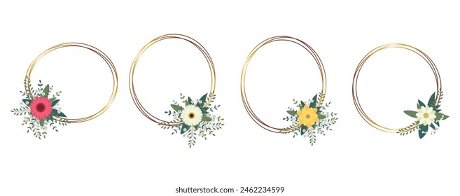 Set of gold circle frame with arrangement. Perfect for wedding invitation cards, luxury templates. Vector illustration.