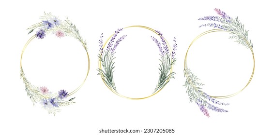 Conjunto de marco de círculo dorado con flores silvestres acuáticas aisladas en blanco, vector