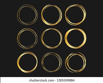 Set of Gold Circle Stains, Shapes. Vector illustration. Hand Drawn Metallic Circles Collection.