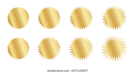 Set of gold circle stickers with wavy borders. Wiggly round shining labels, badges, price tags, stamps, sale offers isolated on white background. Vector realistic illustration.