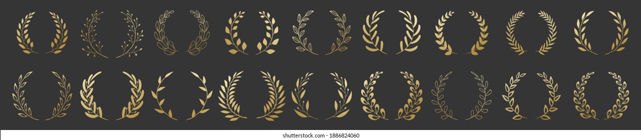 Set of gold circular foliate laurels branches. Vintage laurel wreaths collection. Hand drawn vector laurel leaves decorative elements. Leaves, swirls, ornate, award, icon. Vector illustration.