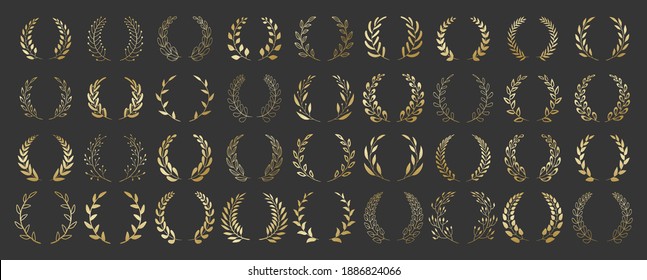 Set of gold circular foliate laurels branches. Vintage laurel wreaths collection. Hand drawn vector laurel leaves decorative elements. Leaves, swirls, ornate, award, icon. Vector illustration.