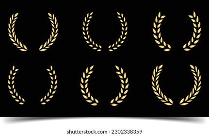 Set aus goldenem kreisförmigem Lorbeerblatt. Laurel Wreath.Silhouette laurel Kranz. Weizen- und Eichenwrethen, die einen Preis, eine Leistung, eine Heraltrode, einen Adelrahmen darstellen