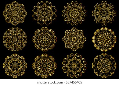 Set gold circular pattern Kaleidoscope. East ornament. Mandala. Good for greeting cards, invitations. Print on fabric and paper.
