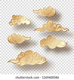 Set of gold clouds with a shadow in Chinese style on transparent background