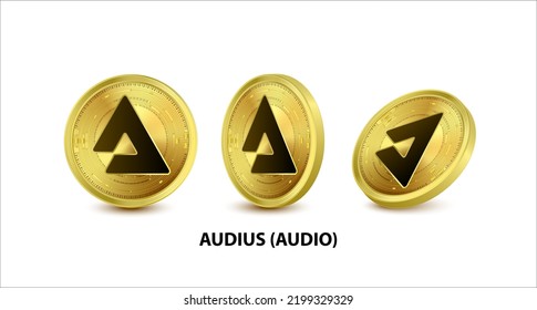 Set of Gold coin Audius (AUDIO) Vector illustration. Digital currency. Cryptocurrency Golden coins with bitcoin, ripple ethereum symbol isolated on white background. 3D isometric Physical coins.