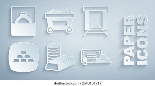 Set Gold coin with gold bars, mine, certificate, Mine cart and Diamond engagement ring box icon. Vector