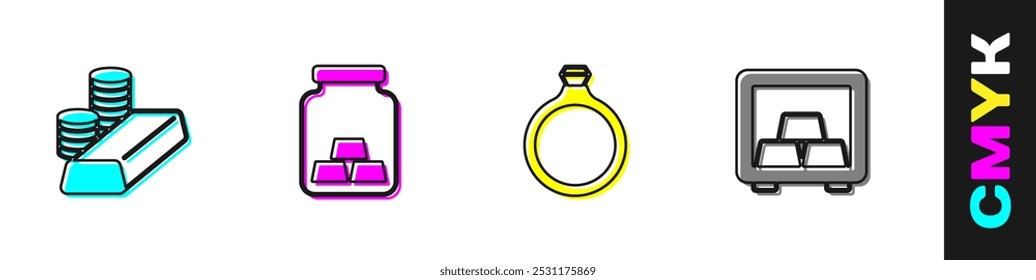 Set Moneda de oro con barras de oro, anillo e icono de caja fuerte. Vector