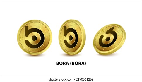 Set of Gold coin BORA (BORA) Vector illustration. Digital currency. Cryptocurrency Golden coins with bitcoin, ripple ethereum symbol isolated on white background. 3D isometric Physical coins.