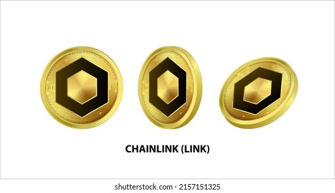 Set of Gold coin Chainlink (LINK) Vector illustration. Digital currency. Cryptocurrency Golden coins with bitcoin, ripple and ethereum symbol isolated on white background. 3D isometric Physical coins.