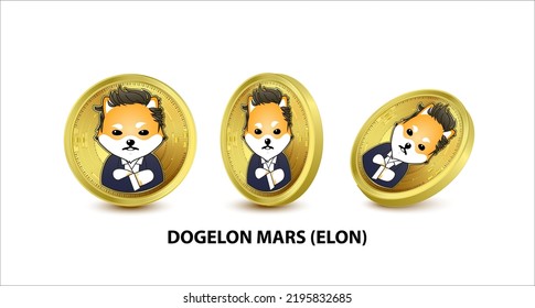 Set of Gold coin Dogelon Mars (ELON) Vector illustration. Digital currency. Cryptocurrency Golden coins with bitcoin, ripple ethereum symbol isolated on white background. 3D isometric Physical coins. svg