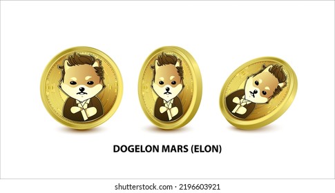 Set of Gold coin Dogelon Mars (ELON) Vector illustration. 3D isometric Physical coins. Digital currency. Cryptocurrency Golden coins with bitcoin, ripple ethereum symbol isolated on white background.  svg